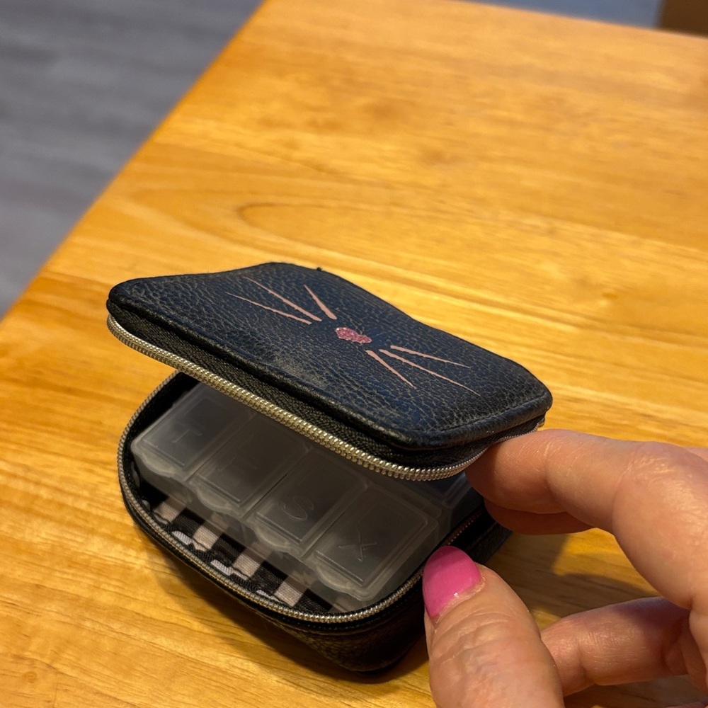 Black Cat-Themed Compact Pill Case with Pink Accent